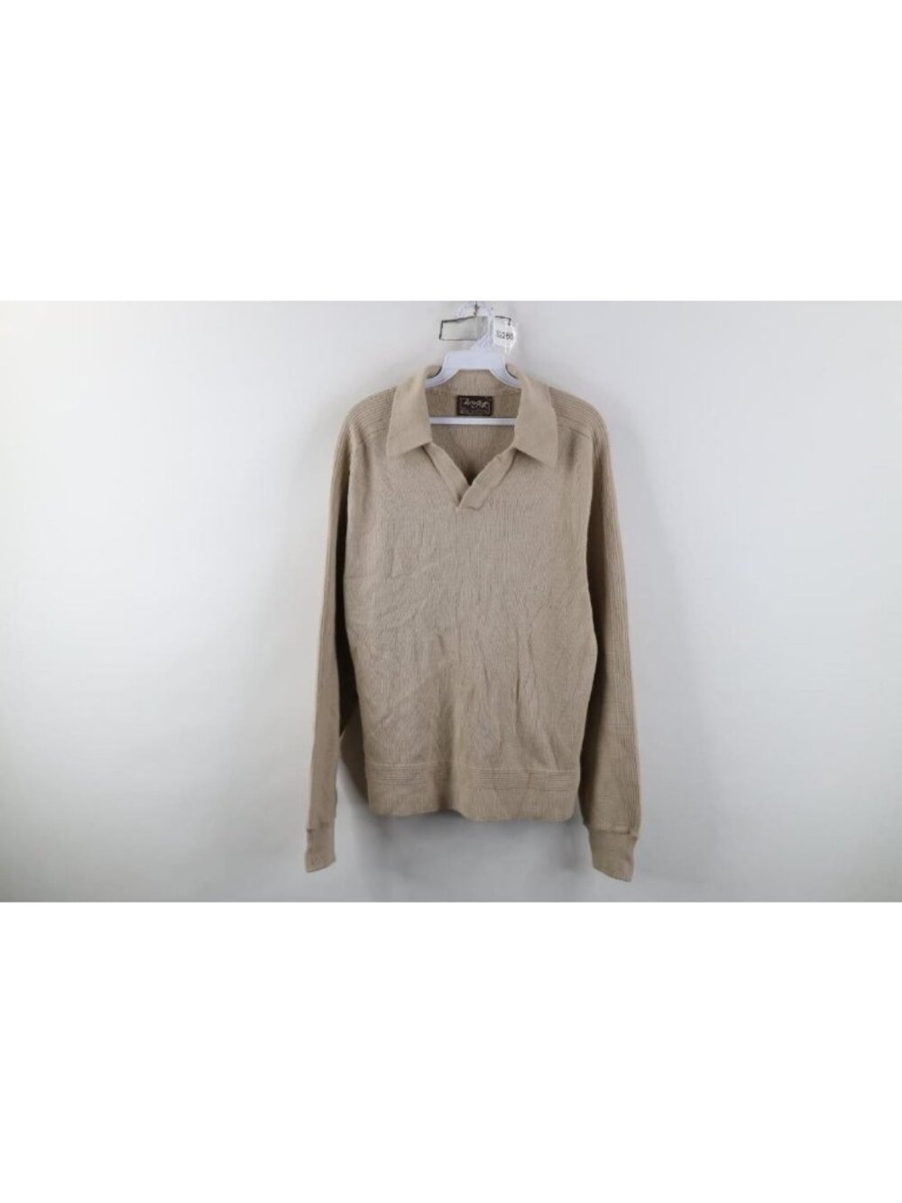 Vintage 70s Streetwear Mens Medium Blank Ribbed Knit Collared Sweater Beige USA